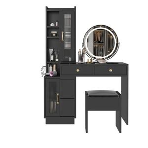 Modern Makeup Vanity Table Set with LED Mirror and Retractable Power Outlets 3 Light Colors Includes Side Cabinet - Product Image 4