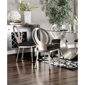 Contemporary 2pc <b>Silver</b> Metal Frame Dining <b>Chairs</b> with Black Microfiber Seat & Oval Back 2pc Dining Room <b>Chair</b> Set - Product Image 5