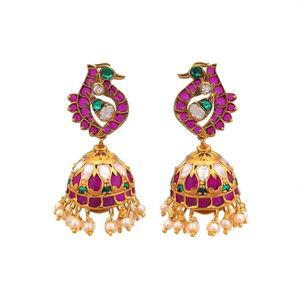 Peacock Real Kemp Jhumki Drop Earrings-Ethnic Pearl Turquoise Brass Alloy Jewelry for Wedding Party Gift - Product Image 1