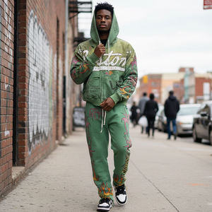 Hot Rhinestones 2-piece <b>Set</b> Applique <b>Embroidery</b> OEM Custom Streetwear 400 GSM Heavyweight Worn Out Zipper Men's Hoodie <b>Set</b> - Product Image 2