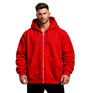 Sudadera con capucha roja lisa de alta calidad para hombre, con cremallera completa, gruesa y cálida, 100% algodón polar, 450 g/m², informal, estilo urbano, holgada, de secado rápido - Product Image 1