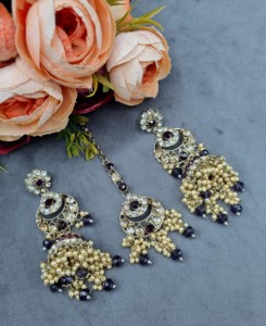 Heavy Ethnic CZ Studded Bridal Choker <b>Set</b> With Pearl Drop Accents Matching Earrings & Mangtika Antique Gold Plated <b>Jewellery</b> <b>Set</b> - Product Image 3