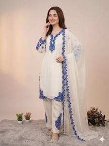Traje Salwar Modesto Bordado en Blanco y Azul, Talla Grande para Mujer, Conjunto de Kurta, Pantalón y Dupatta, Ropa Étnica Festiva para Eid, Fiestas y Eventos - Product Image 3