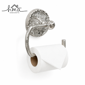Antique Silver Finish Brass <b>Wall</b> Mounted Toilet Paper Holder with Curved Arm Ornate Round Back Plate and Vertical Stopper Design - Product Image 1