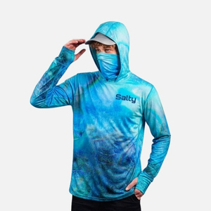 เสื้อตกปลาแขนยาวมีฮู้ดและหน้ากาก ผ้าตาข่ายระบายอากาศ ลายพรางสีดำ UPF50 รับสกรีนโลโก้สำหรับผู้ชาย - Product Image 1