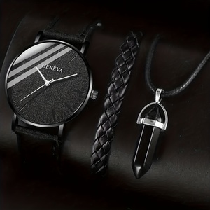 6249 3pcs/set 1pc Round Men's Quartz <b>Watch</b> & 1pc Bracelet & 1pc Necklace Men's <b>Watch</b> Set - Product Image 1