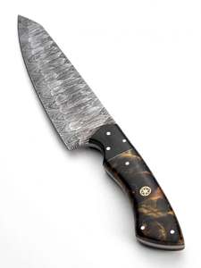 Couteau de chef artisanal en acier Damas, couteau de cuisine avec manche en résine ambrée - Product Image 1