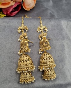 Pendientes Jhumka de Doble Cúpula con Cuentas de Cristal Largas y Cadenas para el Cabello Integradas, de Moda, para Bodas y Fiestas, Venta al por Mayor - Product Image 2