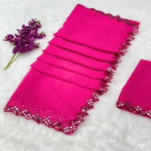 Sari VASTRA COTTAGE Premium en Georgette Negro con Intrincado Trabajo de Espejo, Encaje y Borde Decorativo con Corte Festoneado - Product Image 2