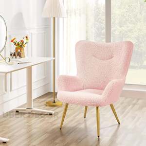 Silla de tocador moderna y elegante Myraa, silla decorativa de tela Boucle con sillón peludo Sherpa, silla de sala de estar con respaldo alto - Product Image 5
