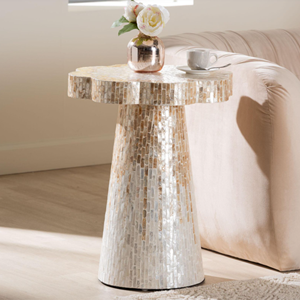 Elegante mesa redonda decorativa de capiz con detalles de nácar para sala de estar y dormitorio, mueble moderno para interiores. - Product Image 4