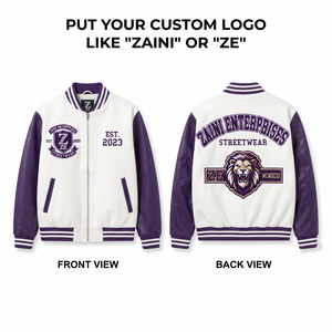 Chaqueta Varsity ZAINI Premium de 400 GSM, Mezcla de Lana, Resistente al Viento, Blanca y Morada, Mangas de Cuero, Ribete de Canalé, Estilo Urbano - Product Image 1