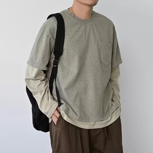 เสื้อยืดโอเวอร์ไซส์ผ้าฝ้ายสองชั้น แขนยาว คอกลม พิมพ์ลายลำลอง แต่งขอบตัดกัน ผ้าถัก ยับยาก ใส่ได้ทั้งชายและหญิง - Product Image 5