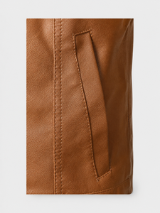 Veste en cuir marron vintage pour homme avec fermeture éclair sur le devant, col chemise, poches à rabat boutonnées et coupe décontractée classique - Product Image 5