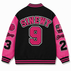 SINEWY SPORTS <b>Men's</b> Black Pink Varsity <b>Jacket</b> Embroidered Letterman Baseball Style Casual Outerwear - Product Image 3