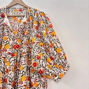 Vestido Midi Informal de Algodón Tejido para Mujer, Mangas Abullonadas, Cintura Imperio, Estilo Babydoll, 100% Algodón, Corte Holgado, Cuello en V, Túnica Floral - Product Image 5