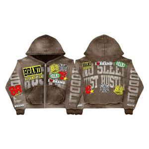 Sweat à capuche vintage en coton délavé style hip-hop avec patch brodé personnalisé, fermeture éclair, en molleton bouclette, pour homme et femme, idéal pour le sport - Product Image 2