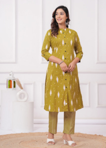 Elegante Conjunto de Kurti y Pantalón de Algodón para Mujer |   Conjunto de Kurta de Corte Recto con Estampado Verde - Product Image 4