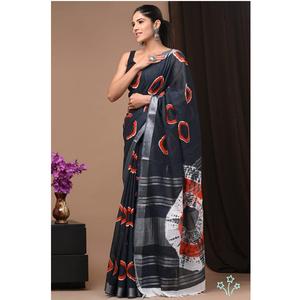 Sarees de lino estampado con blusa de lino, ideales para el verano, con tela transpirable y un elegante estampado, en grandes cantidades. - Product Image 5