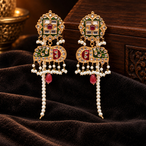 Gold Plated Red Green Meenakari Kundan Style Earrings with Faux Pearls <b>Pakistani</b> Wedding <b>Jewelry</b> Factory Wholesale - Product Image 2