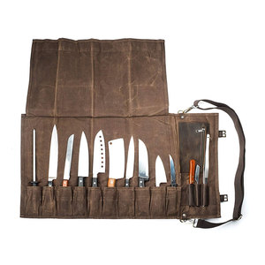 13 Pocket Chef Knife Roll Bag Waxed Canvas & Genuine <b>Leather</b> Knife Carrier for Chef Travel Friendly Culinary <b>Tool</b> Bags - Product Image 2