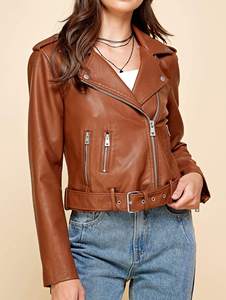 Women's Genuine Leather Moto <b>Jacket</b> Brown Full Sleeve Zipper Closure Slash Neck Belted Design Autumn Style - Product Image 1