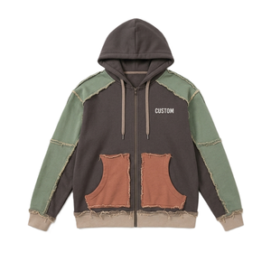 Sudadera con capucha con cremallera de bloques de color, desgastada, estilo urbano, con patchwork, para hombre, de forro polar grueso, venta al por mayor, OEM, marca privada - Product Image 3