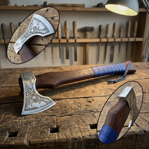 Hand forged steel tomahawk Custom engraved blade design Survival hatchet with wood <b>handle</b> Blue wrap outdoor <b>axe</b> - Product Image 5