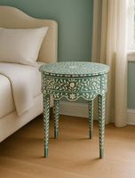 Table de chevet en os incrusté, table d'appoint, détails artisanaux uniques, rangement fonctionnel, écologique, moderne, chambre à coucher, salon