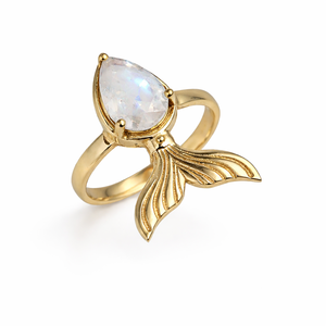 Moku Jewellery Brass <b>Ring</b> Rainbow Moonstone Pear Shape Prong Set Gemstone Fixed Size Mermaid Tail Glam <b>Statement</b> Handmade Women - Product Image 1