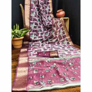 BANDHEJ DE LINO DE ALGODÓN A LA MODA ESTAMPADO DIGITAL TRABAJO SAREE CON BLUSA DESCOSADA VINO - Product Image 1