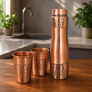 New Copper Water Bottle with Two Glass Hammered Design For Hydration Yoga & Ayurveda Inspired Drinkware Bottle With Packaging - Product Image 4
