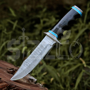 Couteau de chasse Bowie en acier Damas fait main sur mesure OEM, manche en corne de taureau, lame fixe, couteau de camping et d'extérieur EDC avec étui en cuir - Product Image 5