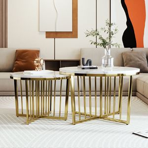 Modern 2-Piece White and Marbling Top <b>Coffee</b> <b>Table</b> Set with Gold Base <b>Nesting</b> <b>Round</b> Design - Product Image 3