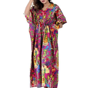 Robe tunique kaftan en coton faite à la main, style Kahlo, paréo de plage, coupe décontractée, vêtements bohèmes pour femmes - Product Image 1