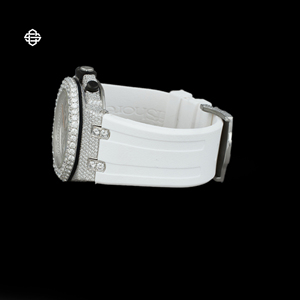 Montre chronographe de luxe pour homme, sertie de diamants Moissanite, boîtier en acier inoxydable, bracelet en caoutchouc blanc, verre de qualité supérieure, mouvement à quartz analogique - Product Image 3