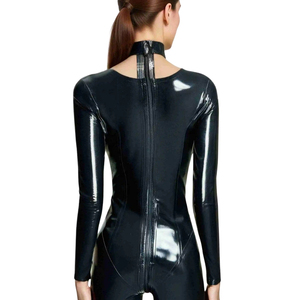 Women's Black PU Coated Full Length <b>Jumpsuit</b> High Waist Long Sleeve V-Neck Bodycon Fit Spandex Nylon Clubwear - Product Image 6