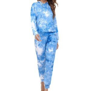 Ensemble de survêtement à capuche tie-dye pour femme, manches longues, décontracté, avec pantalon de jogging, dégradé bleu et blanc, taille élastique, poches latérales, coupe régulière - Product Image 4