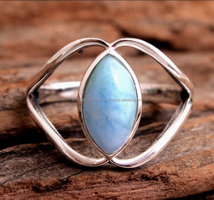Bague d'anniversaire de mariage en argent sterling 925 unisexe classique, pierre naturelle Larimar, serti de diamants en argent uni - Product Image 2