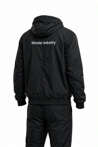 Ensemble de survêtement coupe-vent sportif noir tissé 240g pour homme, avec veste à capuche entièrement zippée et pantalon en polyester, mode hiver, vente en gros - Product Image 2