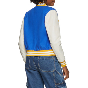 Chaqueta Universitaria Azul y Blanca con Letra B Amarilla en el Frente, Cierre de Botones, Cuello Camisero, Corte Regular, Estilo Preppy, Ropa de Otoño - Product Image 3