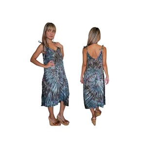 Boho Style Women Midi Dress Rayon Tie Dye Pattern Sleeveless V-Neck Black Grey Resort Wear Dress - Product Image 1