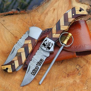 Couteau de poche pliant en acier Damas ultra-affûté, personnalisable OEM, avec étui en cuir, couteau tactique d'extérieur de qualité industrielle 1 - Product Image 1