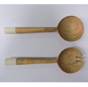 High Quality European Style Eco-Friendly Acacia Wood Salad <b>Servers</b> with Rippled Handles Serving Spoon Kitchenware From India - Product Image 4