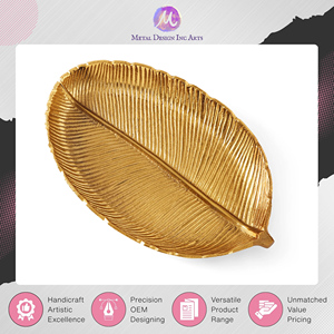 Exhibiting Highest Standard Quality Aluminium Made 30x16x3 cm Size Golden <b>Leaf</b> Shape Platter Trinket Tray for Home Decor - Product Image 3