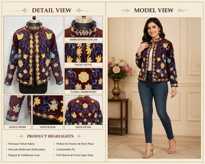 Elegant Embroidered Velvet Jacket With Mandarin Collar Floral Pattern Autumn Women's Short Coat Full Sleeve Polyester <b>Material</b> - Product Image 3