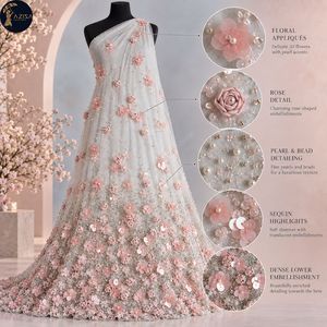 Tissu de robe fleuri rose avec des fleurs 3D, des appliques de roses et des perles |   Tissu à paillettes transparent pour robes de mariée et robes de soirée - Product Image 5