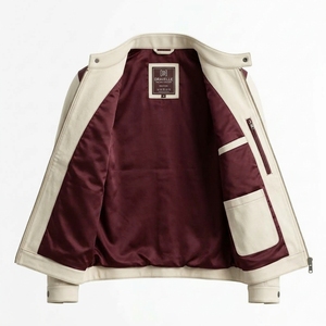 Chaqueta de Cuero y Lona con Parches Color Crema y Borgoña, Cuello Alto, Estilo Motociclista, para Hombre, Fabricante OEM - Product Image 5