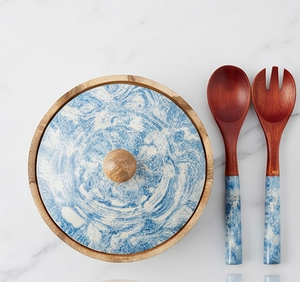 Bol en bois avec revêtement émaillé alimentaire imprimé, cuillère à salade en bois imprimée et couvercle, pour service de salade - Product Image 6