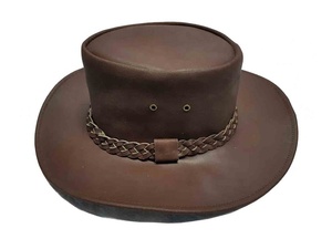 Chapeau de cowboy classique en cuir marron, style ranch occidental, avec bande tressée, large bord, pour l'équitation et les activités de plein air - Product Image 3